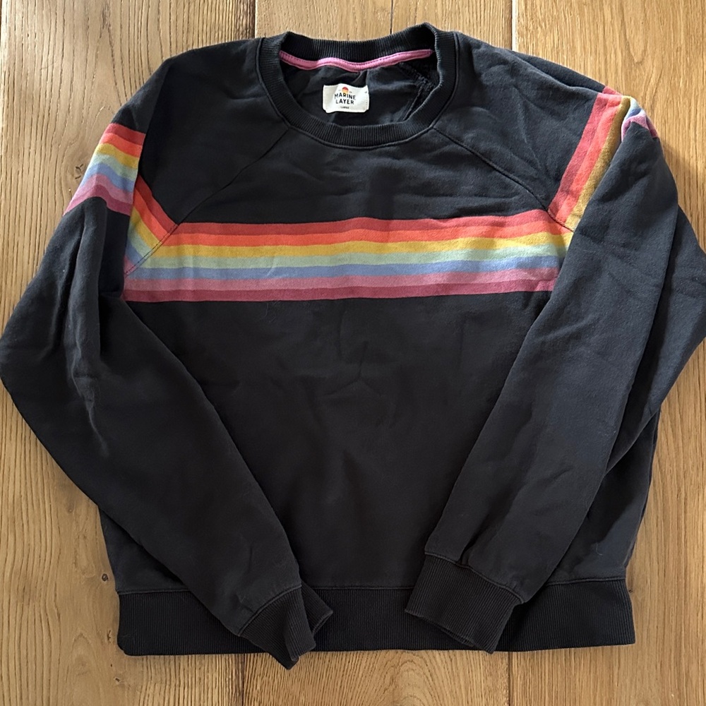 Marine Layer Black/Deep Gray Crewneck Sweatshirt with Rainbow Stripes Large